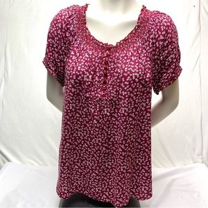 Faded Glory Red Floral Print ruched trim partial buttoned short sleeve top XL